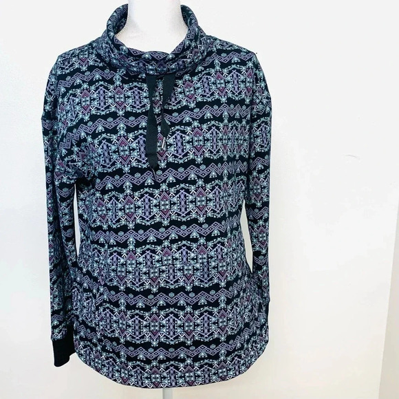 Womans Top Shirt Medium Mock Neck Tunic Purple Print Long Sleeve Pocket Comfy - Picture 1 of 11